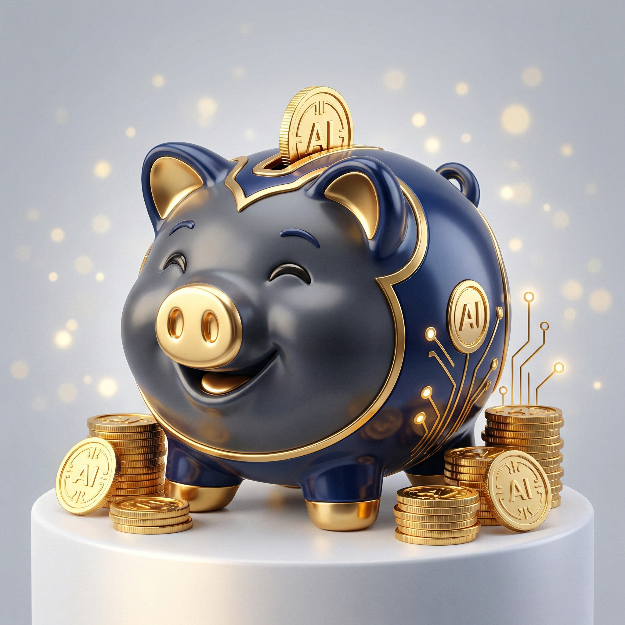 Happy wealthy piggy bank representing savings with AI agents